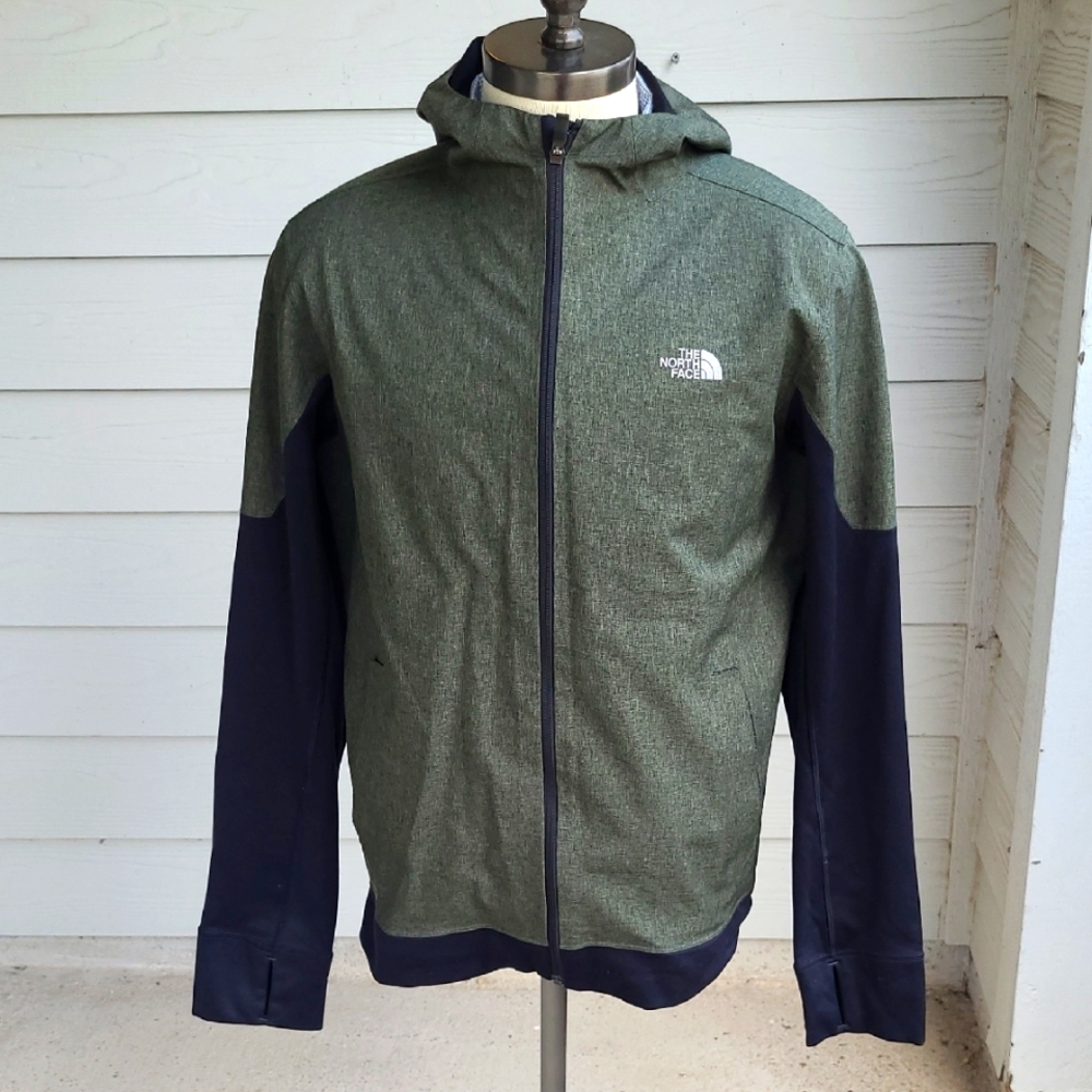THE NORTH FACE Dark Green Black Polyester Shell Sz L Mens Hooded Full Zip Jacket